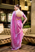 Vastranavya Baby Pink Embroidery Work Shimmer Chiffon Saree with Unstitched Blouse | Grocsy