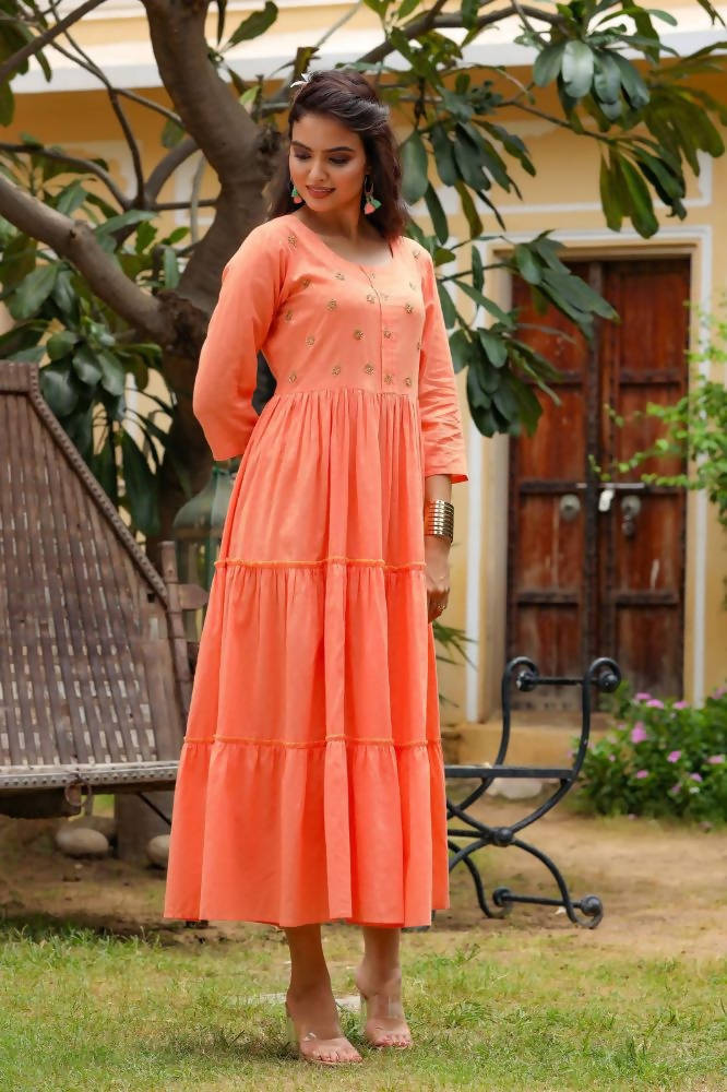 Yufta Peach Cotton Dobby Dress | Grocsy