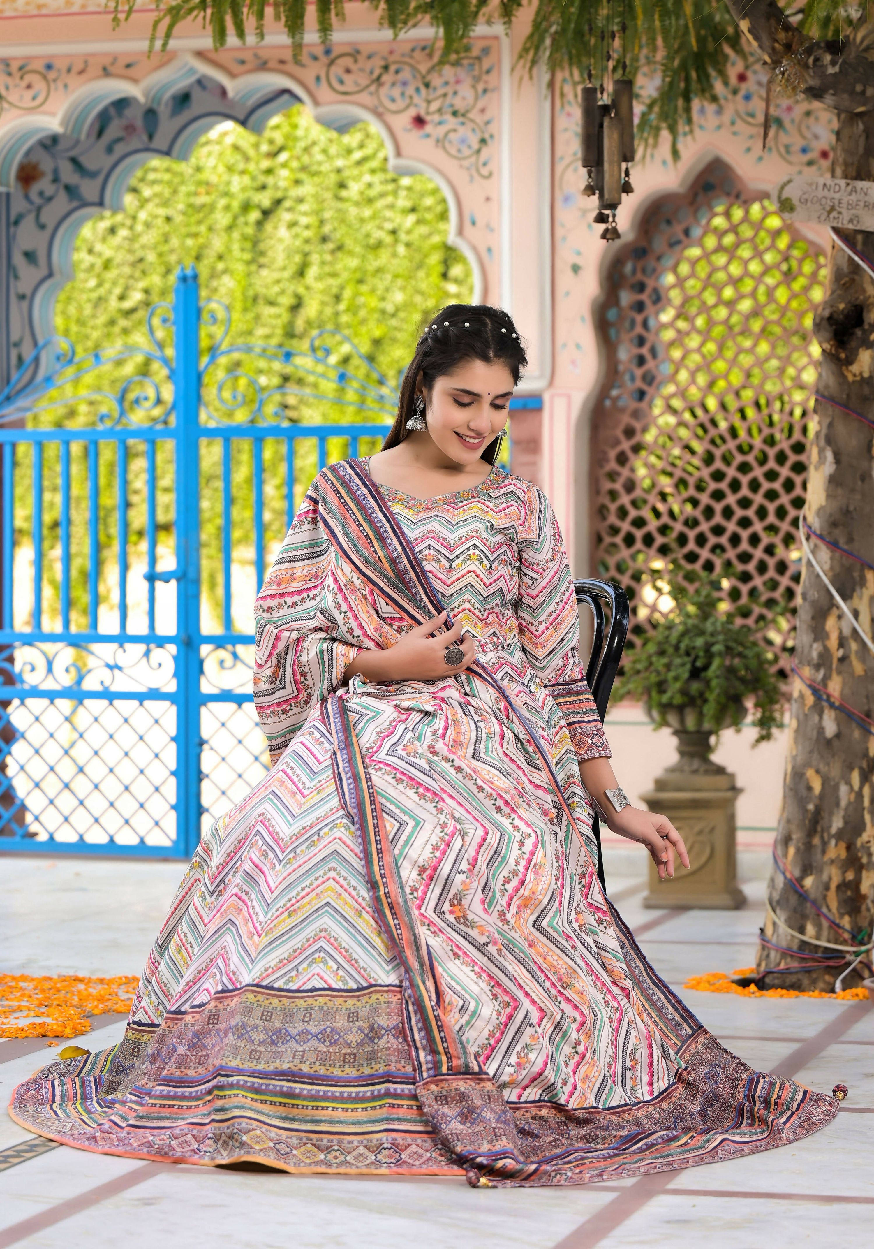 Functional Designer Off White-Muliti Dola Silk Anarkali suit with Dupatta - Ramya | Grocsy
