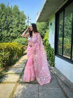 Vamsee Zoya Baby Pink Organza Silk Saree | Grocsy