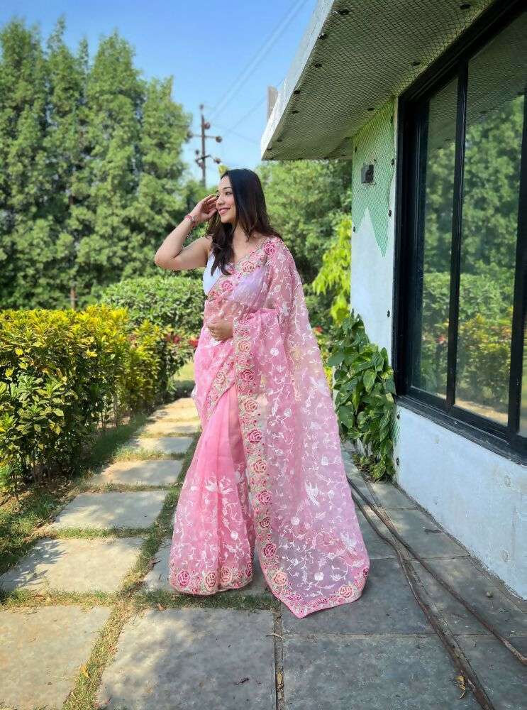 Vamsee Zoya Baby Pink Organza Silk Saree | Grocsy