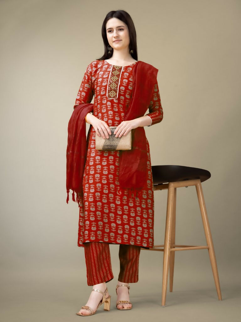 Jyoti Fashion Women's Maroon Rayon Embroidery & Sequence work Kurta with Trouser & Dupatta | Grocsy