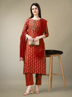 Jyoti Fashion Women's Maroon Rayon Embroidery & Sequence work Kurta with Trouser & Dupatta | Grocsy