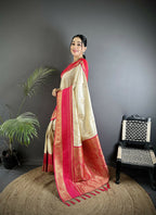 Joban Fashion Cream Banarasi Soft Silk Woven Saree | Grocsy