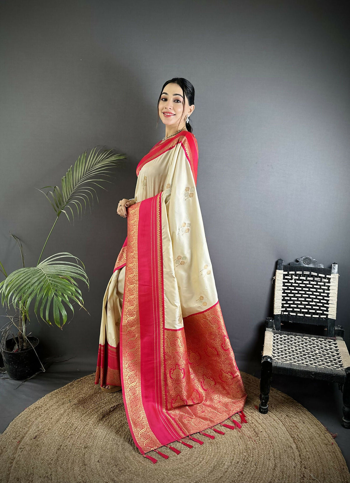 Joban Fashion Cream Banarasi Soft Silk Woven Saree | Grocsy