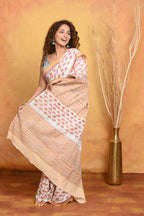 Very Much Indian Handblock Printed Cotton Saree With Natural Dyes - White Peach | Grocsy