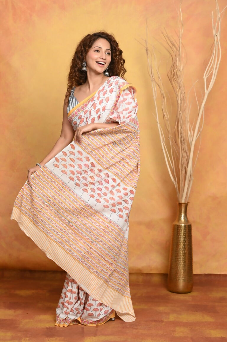 Very Much Indian Handblock Printed Cotton Saree With Natural Dyes - White Peach | Grocsy