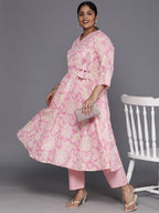 Sztori Plus Size Floral Printed Gotta Patti Pure Cotton A Line Kurta with Trousers | Grocsy