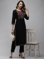 Yufta Women Black Yoke Design Thread Work Kurta with Trouser | Grocsy