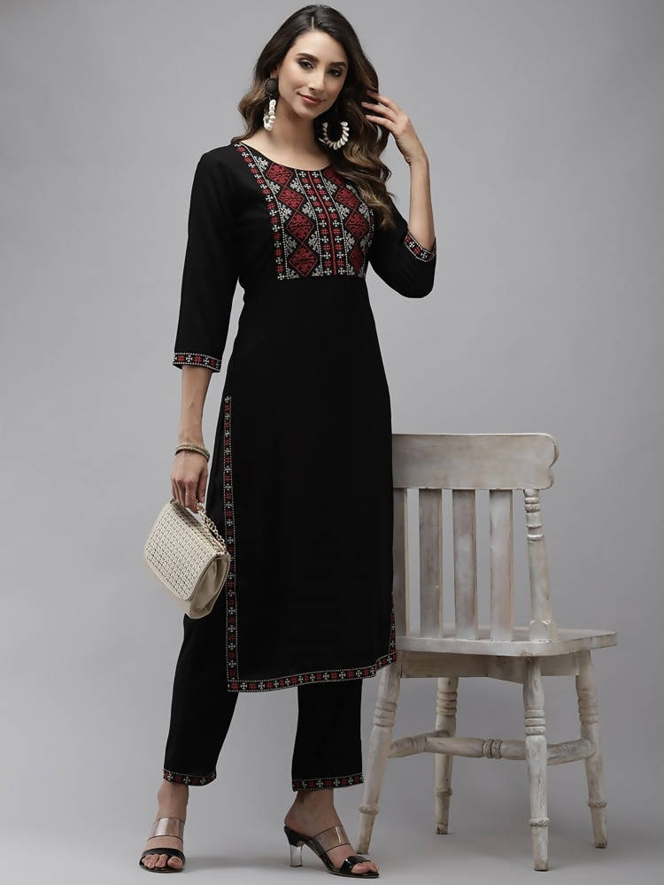 Yufta Women Black Yoke Design Thread Work Kurta with Trouser | Grocsy