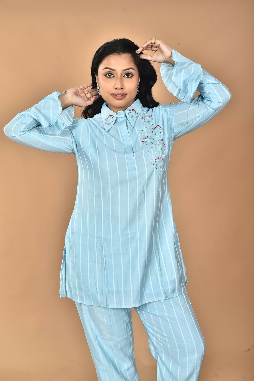 Morchari Women And Hand Embroidery Co-Ords-Sky Blue | Grocsy