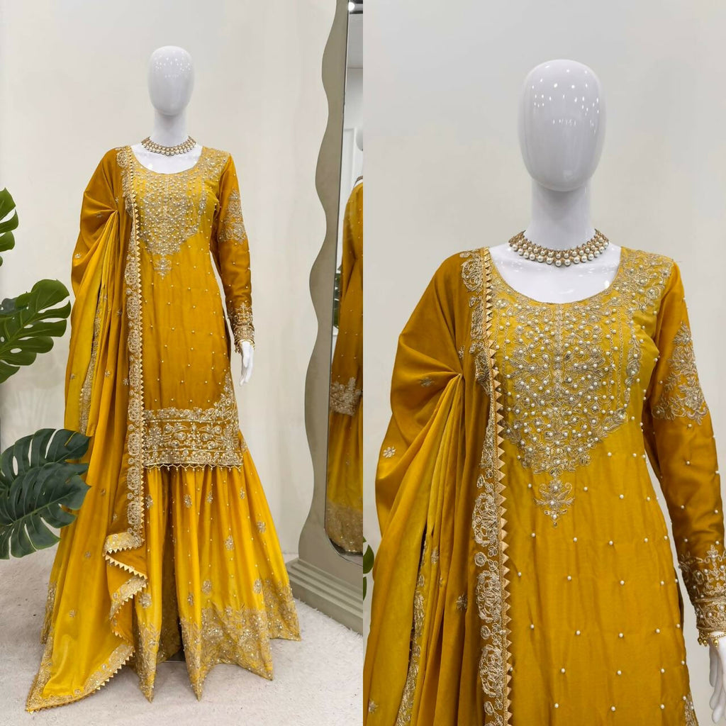 The52 Women's Beautiful Chinon silk Fabric Embroidery Work Straight Kurta Palazzo and Dupatta Set | Grocsy