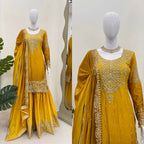 The52 Women's Beautiful Chinon silk Fabric Embroidery Work Straight Kurta Palazzo and Dupatta Set | Grocsy