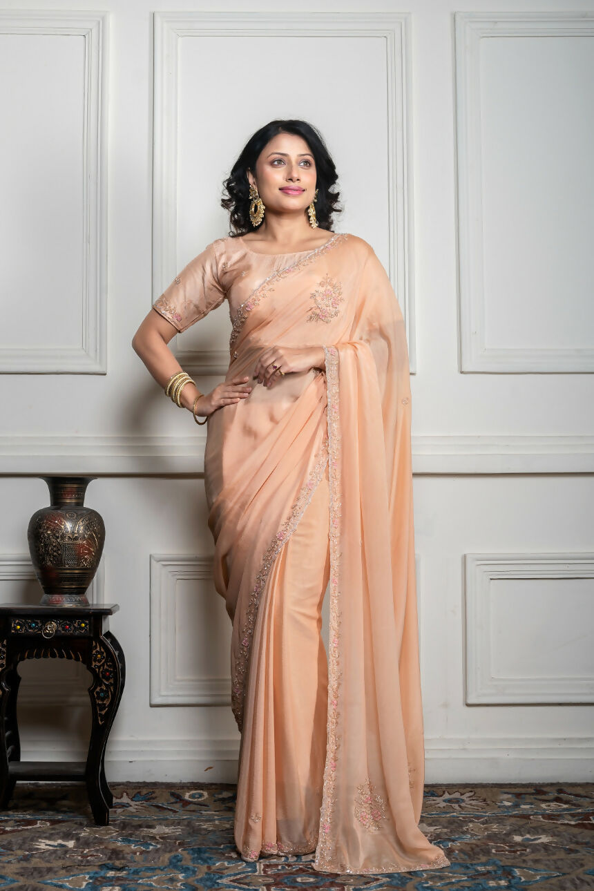 Morchari Beige Chiffon Hand Embroidery Saree And Stitched Blouse | Grocsy