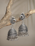 NVR Women's Silver-Toned Peacock Design German Silver Oxidised Dome Shaped Jhumka Earrings | Grocsy