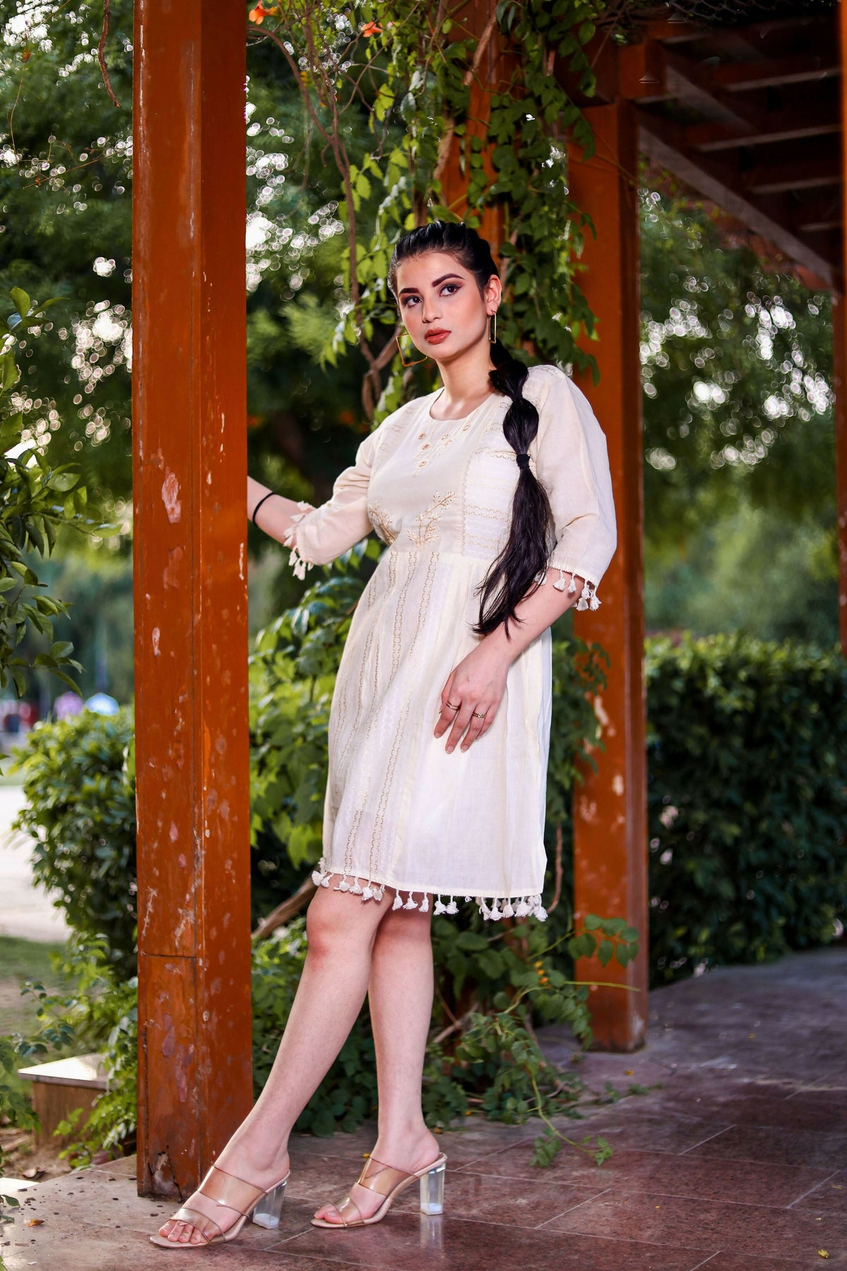 Aayaa Designer Multi Thread Hand Work Khadi Cotton One Piece Dress - Off White | Grocsy