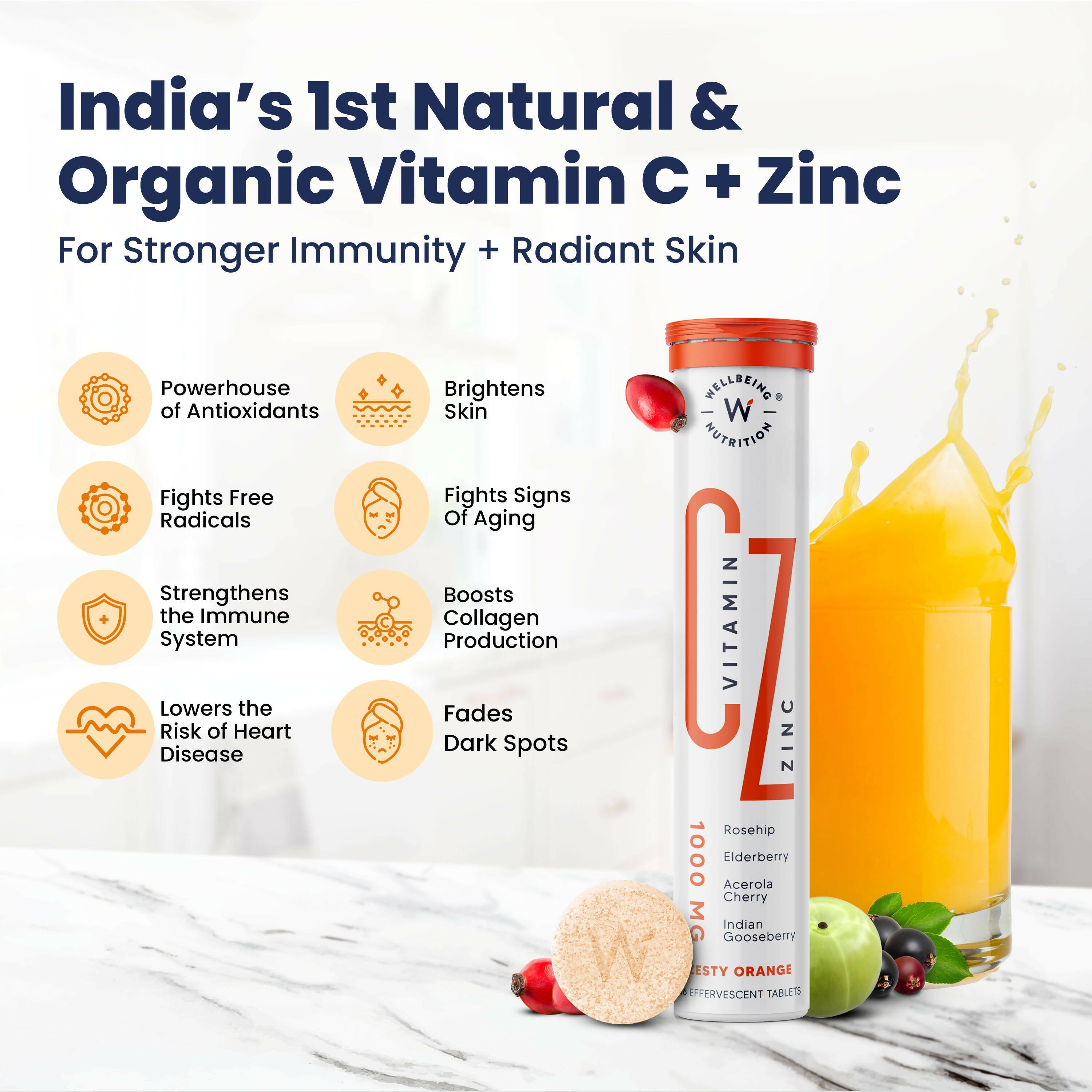 Wellbeing Nutrition Organic Vitamin C + Zinc Effervescent Tablets | Grocsy