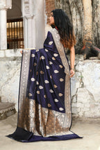 Joban Fashion Navy Blue Pure Katan Pure Handloom Banarasi Silk Saree | Grocsy