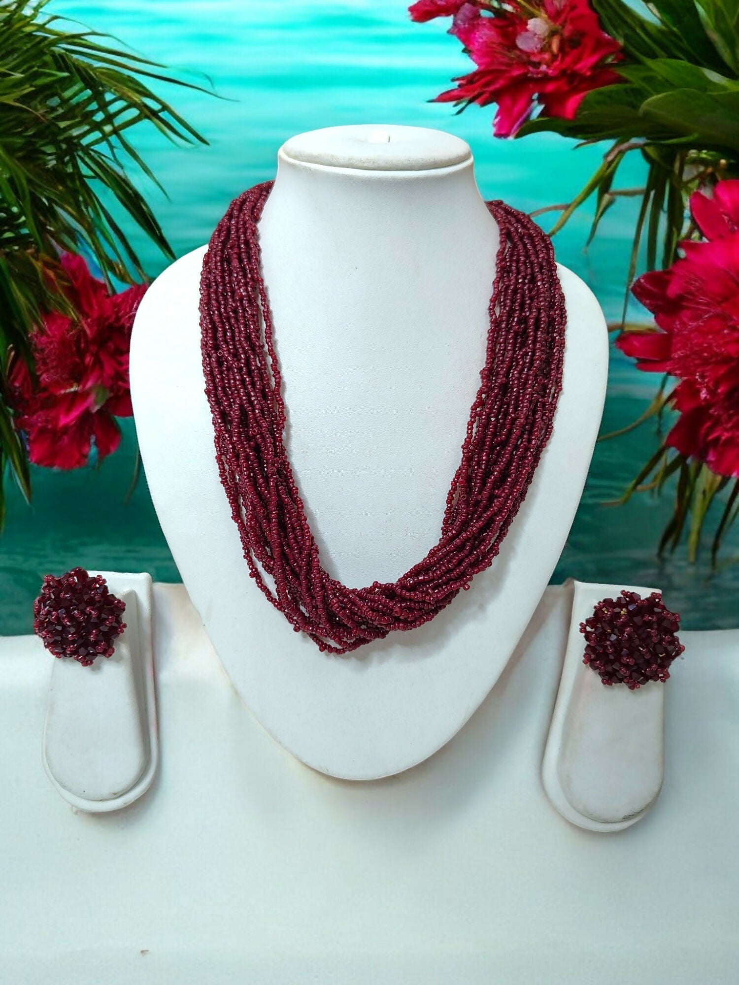 Inhanns Vibrant Handmade 20 Layers Beaded Necklace With Matching Earrings - Maroon | Grocsy