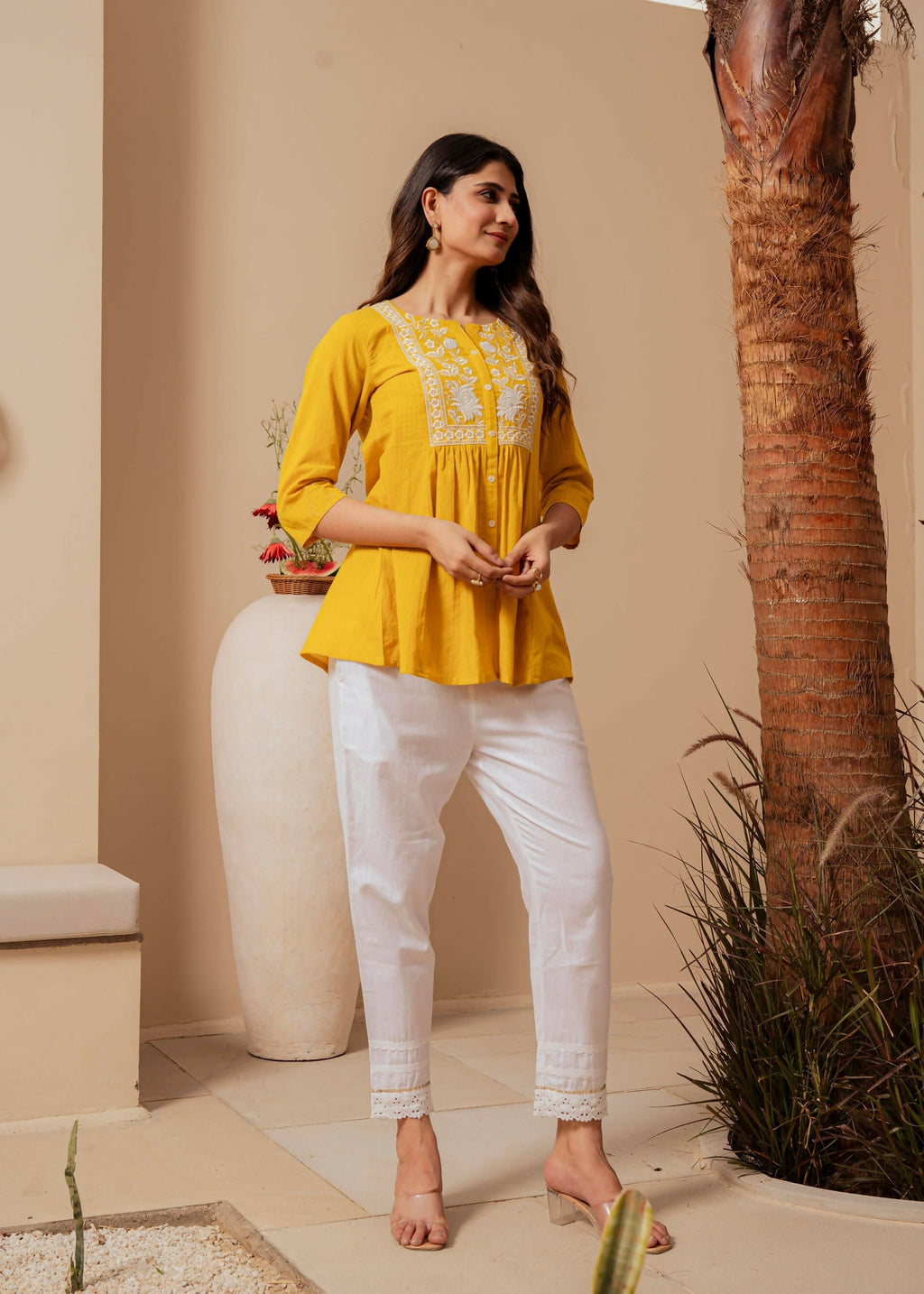 Juniper Mustard Striped Cotton Tunic With Thread Work And Button Detailing | Grocsy