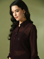 Myshka Women's Coffee Brown Solid Georgette Longline Party Sheer Tunic | Grocsy