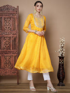 Myshka Women's Yellow Anarkali Kurta & With Dupatta | Grocsy