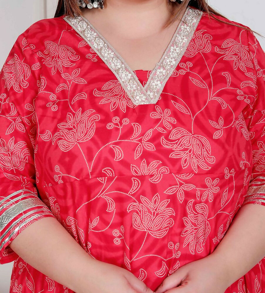 Miravan Plus Size Women'S Red Jaipuri Printed Cotton Ethnic Anarkali Kurta | Grocsy