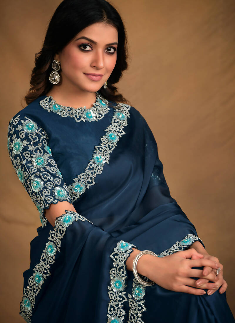 Navy Blue Satin Silk Georgette Designer Saree with Unstitched Blouse - Norita Mahitha | Grocsy