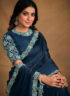Navy Blue Satin Silk Georgette Designer Saree with Unstitched Blouse - Norita Mahitha | Grocsy