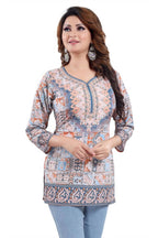 Snehal Creations Phenomenal Blue Faux Crepe Printed Tunic Top | Grocsy