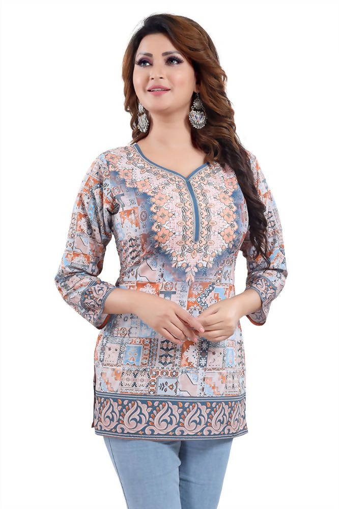 Snehal Creations Phenomenal Blue Faux Crepe Printed Tunic Top | Grocsy