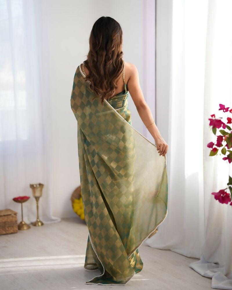 NC Chiffon Chex Wevon Chex Designer, Lace Party Wear Saree - Green | Grocsy