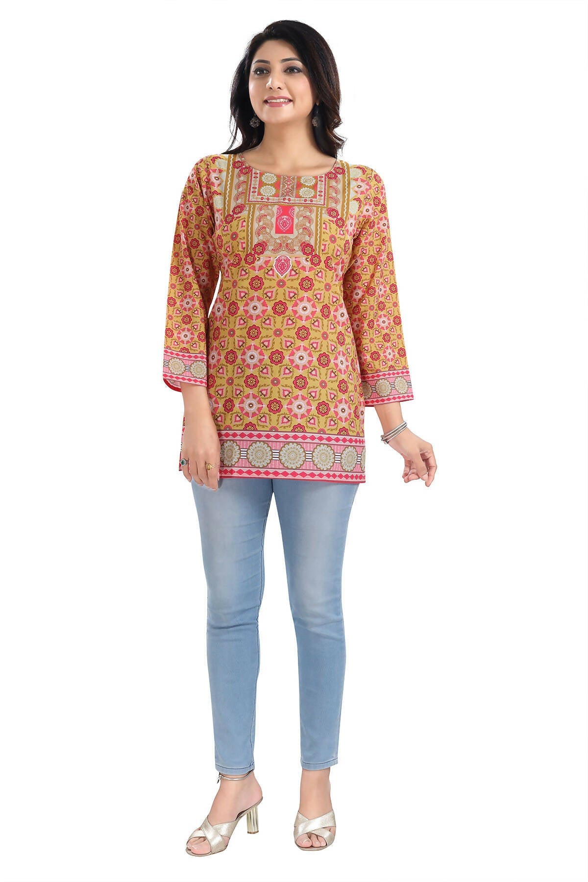 Snehal Creations Yellow Faux Crepe Short Kurti Tunic Top | Grocsy