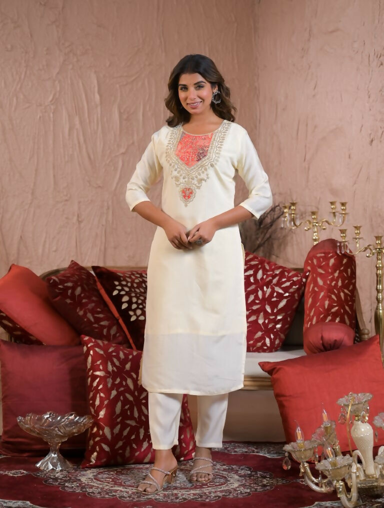 Ethnic Festive Wear Chanderi Silk Cream Stitched Suit With Dupatta - Tanisha | Grocsy