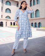 Aayaa Pure Muslin printed Kurti & Pant - Sky blue | Grocsy