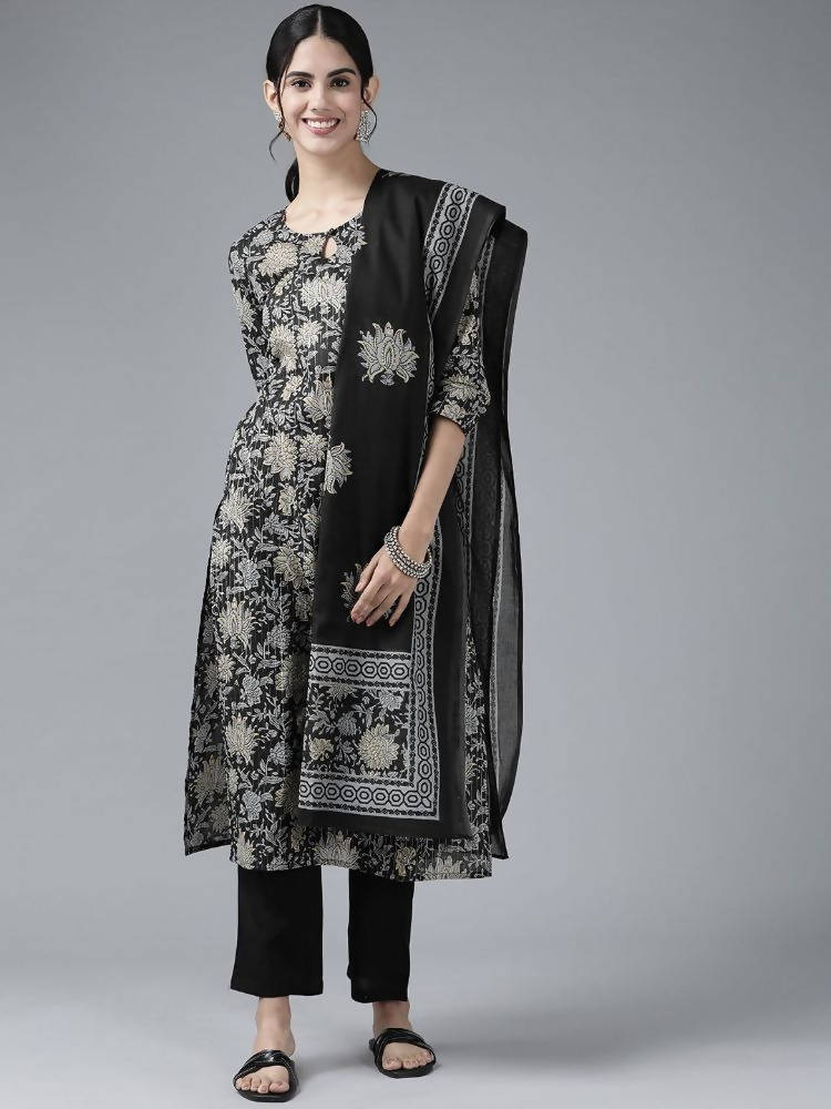 Yufta Women Black Floral Pure Cotton Kurta with Trouser & With Dupatta | Grocsy
