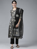 Yufta Women Black Floral Pure Cotton Kurta with Trouser & With Dupatta | Grocsy
