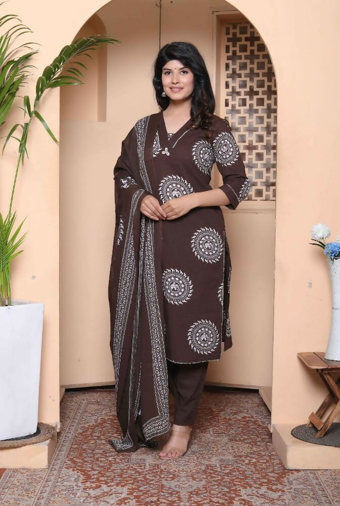 Miravan Womens Animal Print Cotton Brown Stitched Kurta Palazzo With Dupatta Set | Grocsy