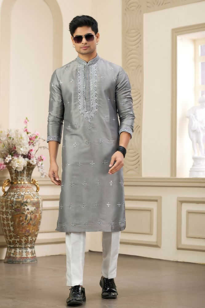 Raivat Ethnic Banarasi Art Silk Thread and Mirror Work Kurta Pajama In Grey Colour | Grocsy