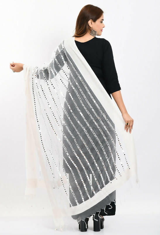 Mominos Fashion Moeza Women's Orgenza Mirror Stripe Thread Work White Dupatta | Grocsy