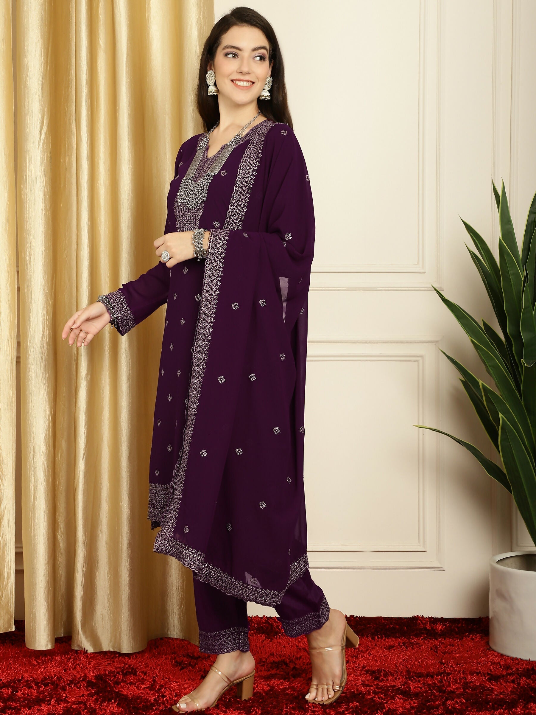 Jyoti Fashion Women's Burgundy Georgette Resham Thread & Sequin Kurta with Trouser & Dupatta | Grocsy