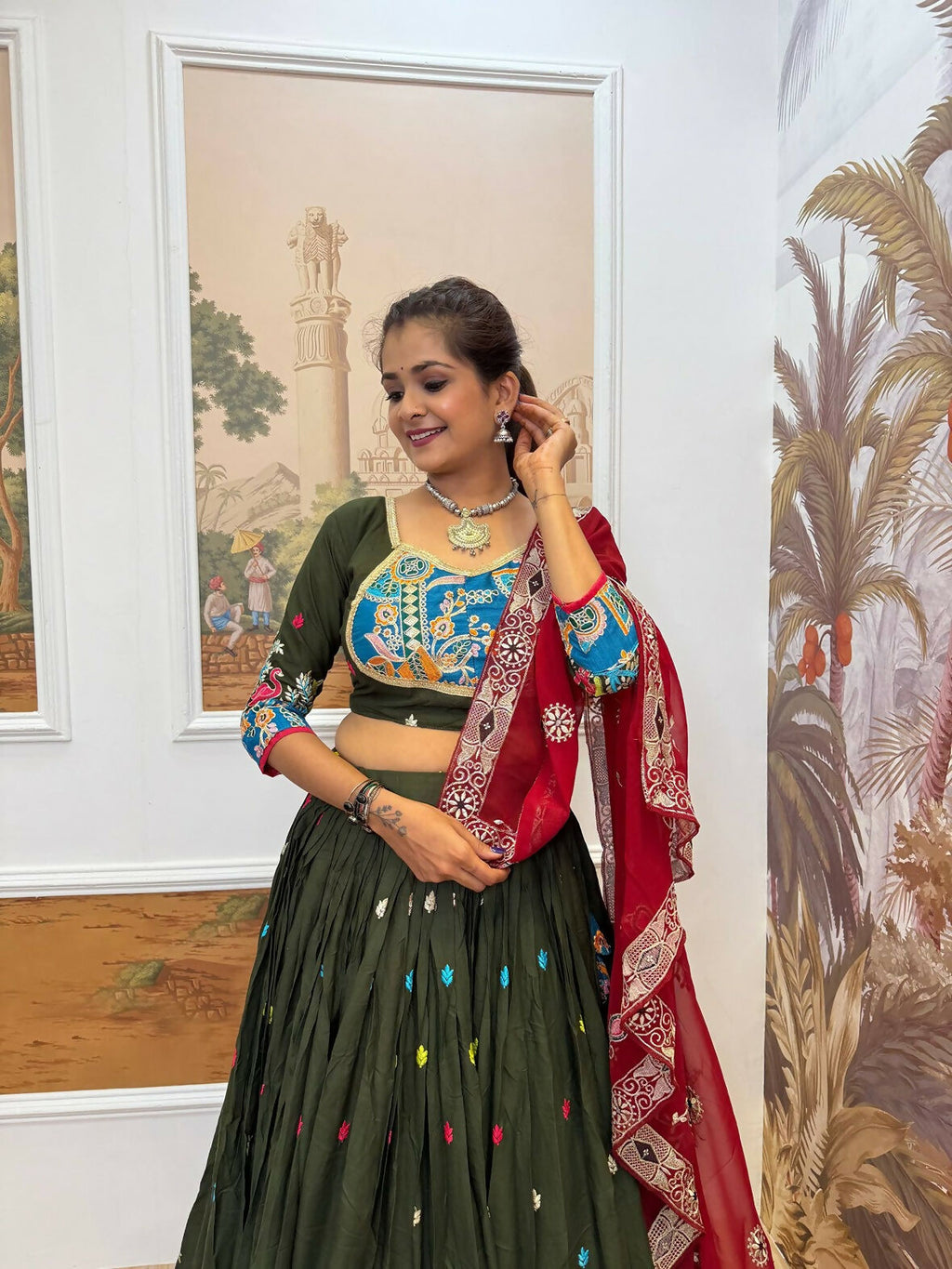 Teeya Creation Green Colour Rayon Silk Embroidery Work Fully Stitched Navratri Lehenga | Grocsy