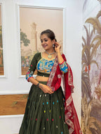 Teeya Creation Green Colour Rayon Silk Embroidery Work Fully Stitched Navratri Lehenga | Grocsy