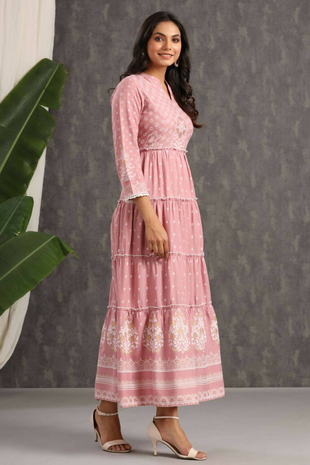 Juniper Womens Onion Pink Rayon Foil Printed Tiered Dress | Grocsy