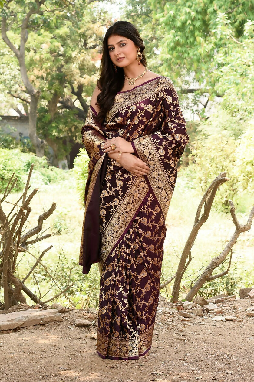 Joban Fashion Plum Purple Banarasi Soft Pure Handloom Banarasi Silk Saree | Grocsy