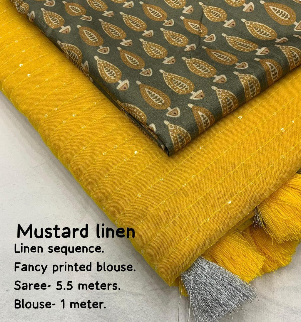 Mustard Linen Sequence Saree with Unstitched Blouse - Hiral Fashion | Grocsy