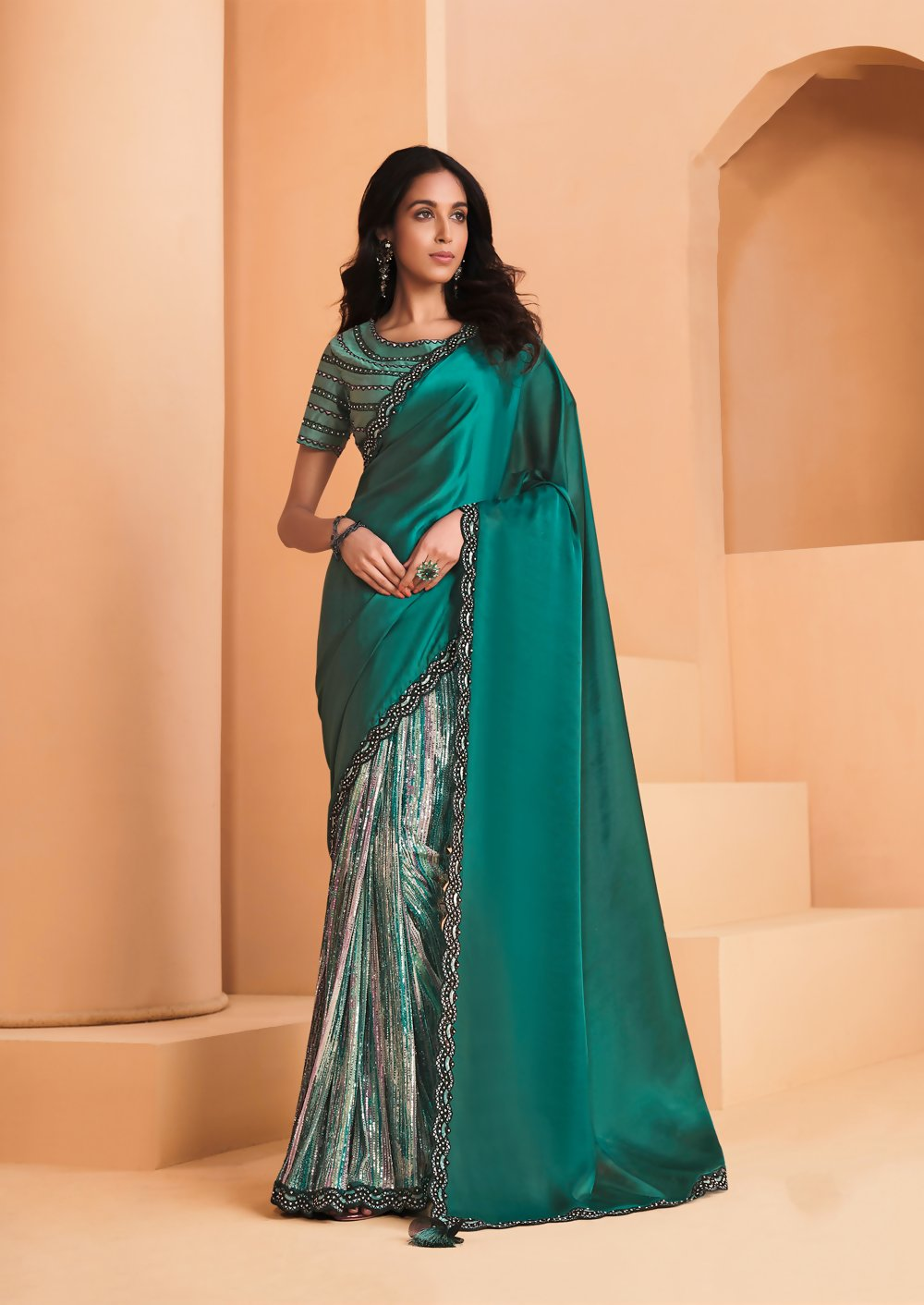 Sea Green Satin Crepe Silk Embroidery with Digital Sequence Work Saree - Norita Helly | Grocsy