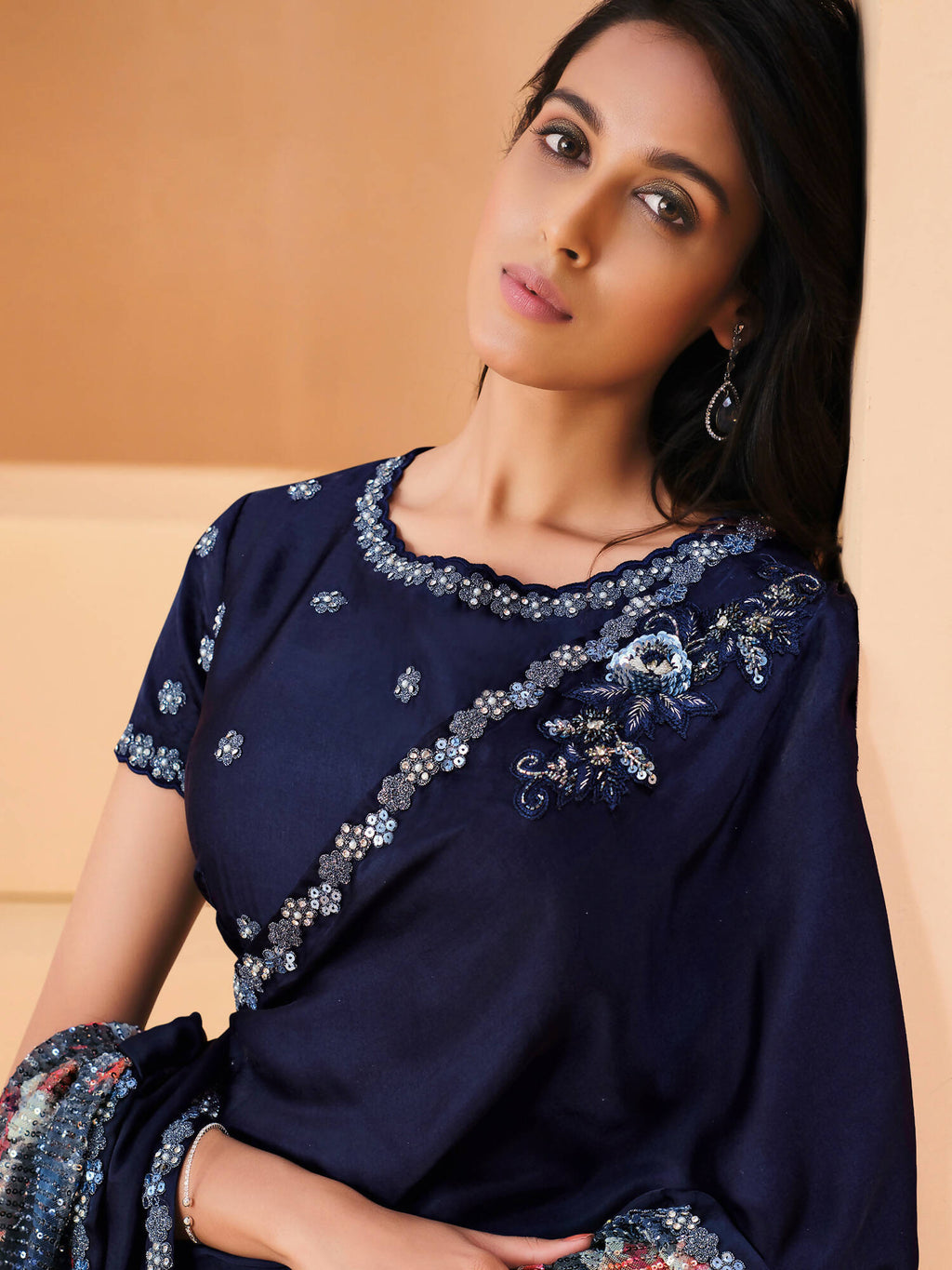 Blue Satin Crepe Silk Sequence Embroidered Saree With Unstitched Blouse - Mohmanthan Yavanika | Grocsy