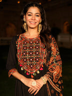 Juniper Women's Black Thread Embroidered Cotton Dress & Dupatta With Tassels & Mirror Work | Grocsy