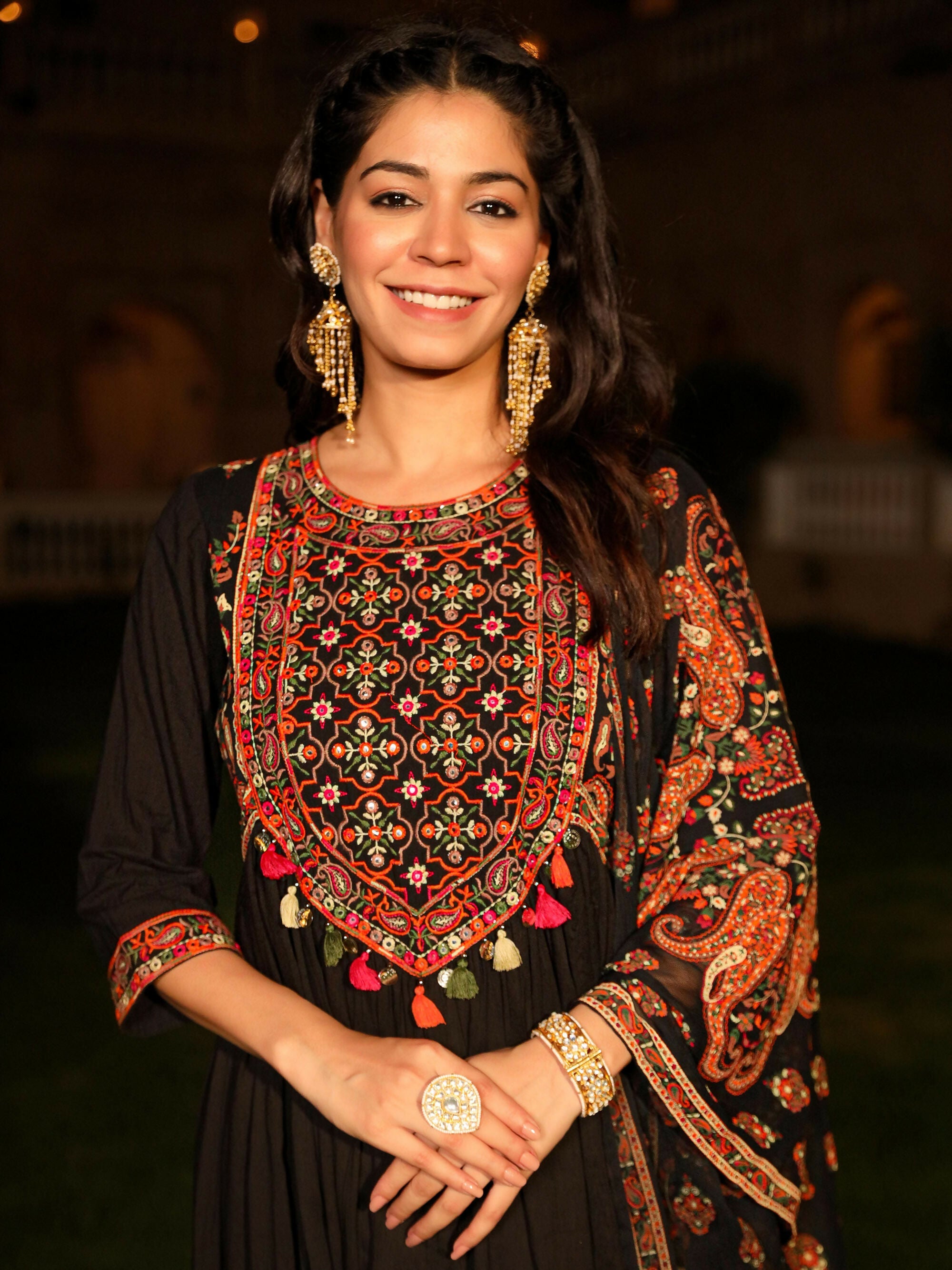 Juniper Women's Black Thread Embroidered Cotton Dress & Dupatta With Tassels & Mirror Work | Grocsy